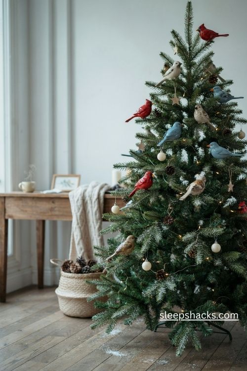 Ceramic bird christmas ornaments with red cardinals blue wrens and snowy branches