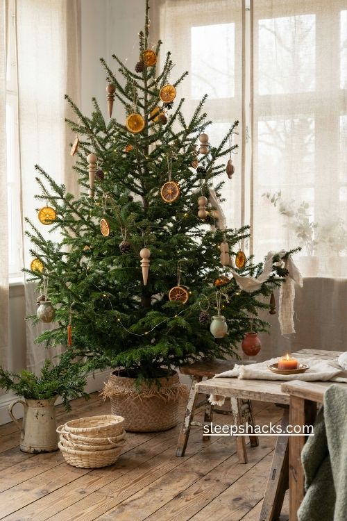 Certified organic Christmas tree with natural farmhouse decorations and sustainable holiday decor
