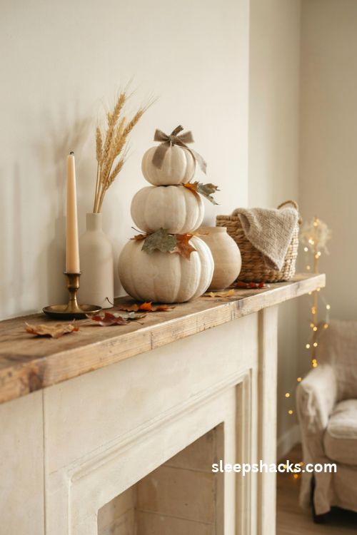Chalk painted white pumpkin stack with autumn leaves and a linen ribbon on a cozy farmhouse Thanksgiving mantel