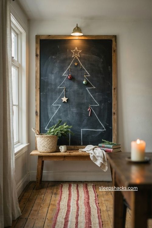 Chalkboard christmas tree with real ornaments in a cozy rustic farmhouse kitchen entryway 
