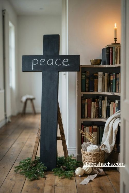 Chalkboard cross christmas tree with white lettering and rustic farmhouse greenery