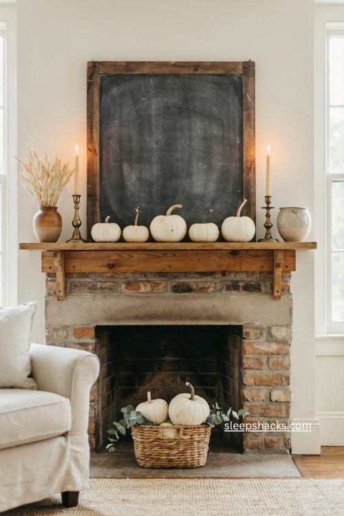 Chalkboard sign with white pumpkins and brass candlesticks on a fall mantel 