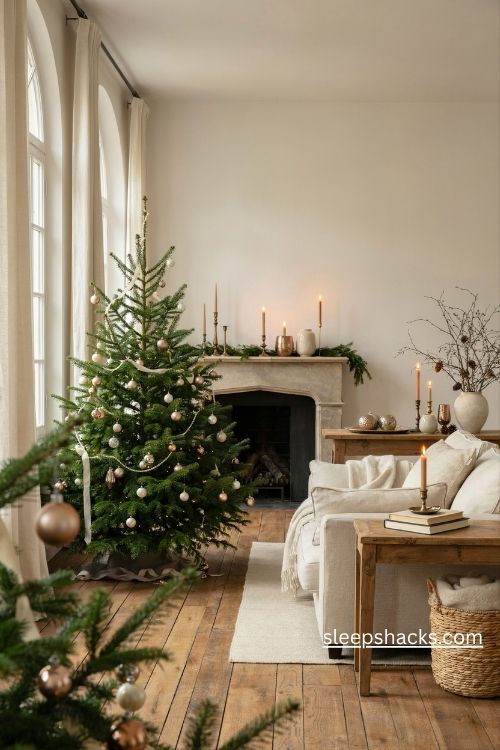 Champagne and pearl metallic christmas decor with warm bronze candle holders and elegant evergreen accents