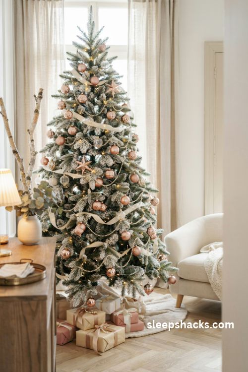 Champagne and rose gold christmas tree with pearl garlands and elegant flocked branches