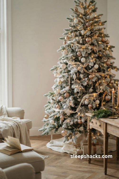 Champagne glitter flocked Christmas tree with pearl ornaments and warm white lights
