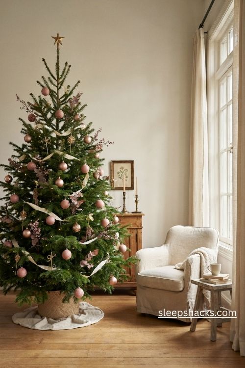 Champagne gold and dusty rose christmas tree with matte ornaments and vintage floral accents