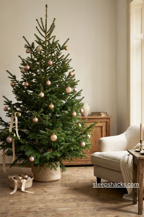 Champagne gold christmas tree ornaments in blush pink clusters with natural green branches