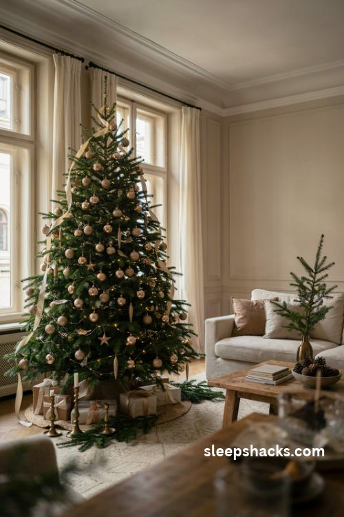 Champagne gold christmas tree with monochrome ornaments satin ribbons and elegant holiday decor