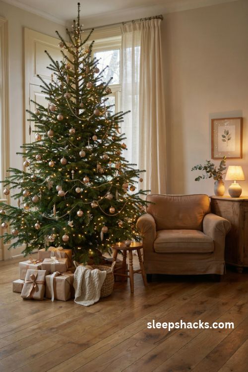 Champagne light glow on a golden christmas tree with warm sparkling lights