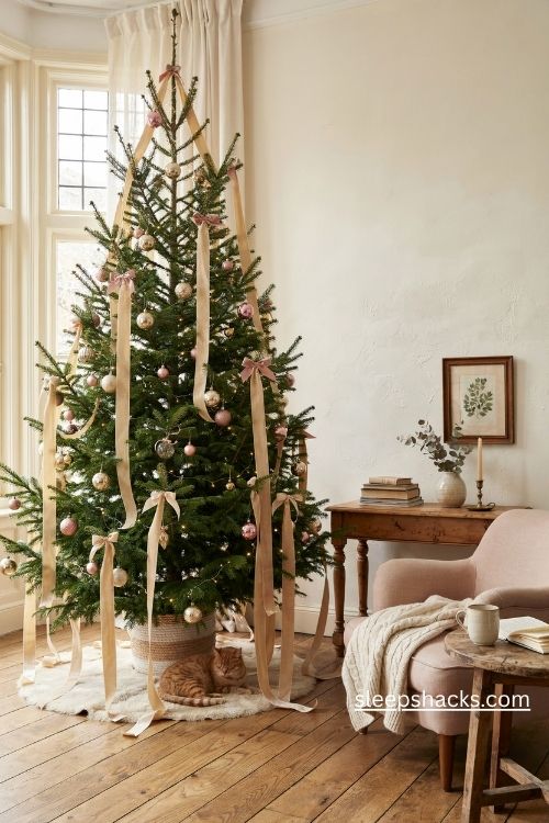 Champagne velvet ribbon cascade on a slim christmas tree with blush pink bows