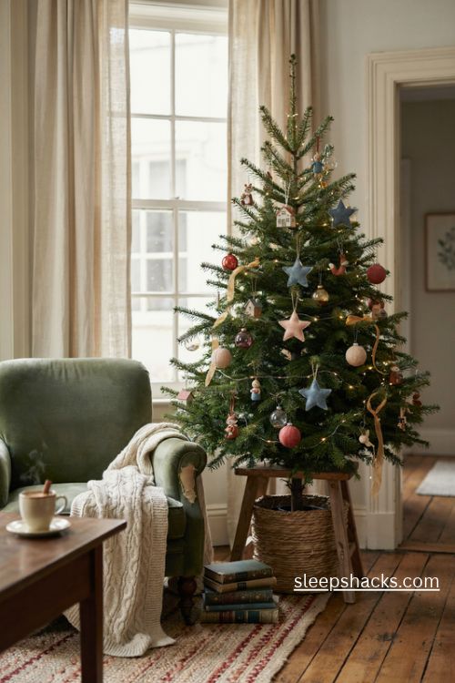 Character christmas tree with whimsical handmade ornaments and cozy storybook holiday decor