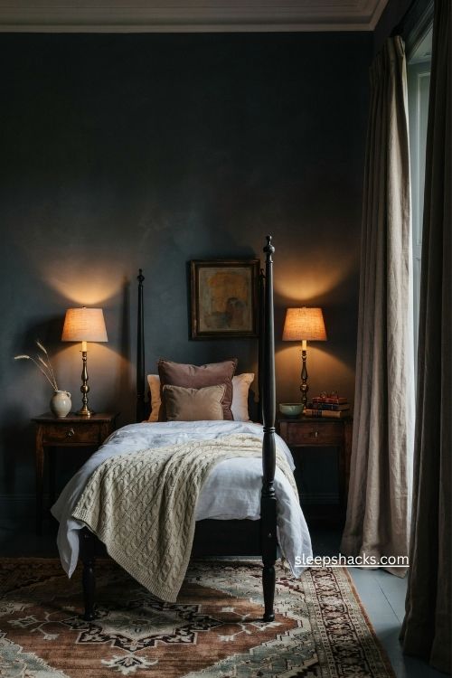 Charcoal gray bedroom colour ideas with black four poster bed and cozy textures