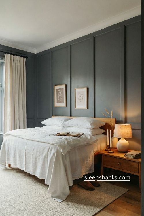 Charcoal paneling bedroom with crisp white bedding and warm wood accents