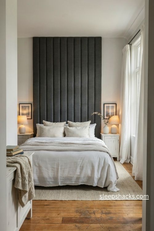 Charcoal upholstered headboard against white walls with soft grey bedding