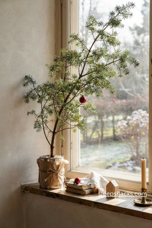 Charlie brown christmas tree in a coffee can wrapped with kraft paper and twine