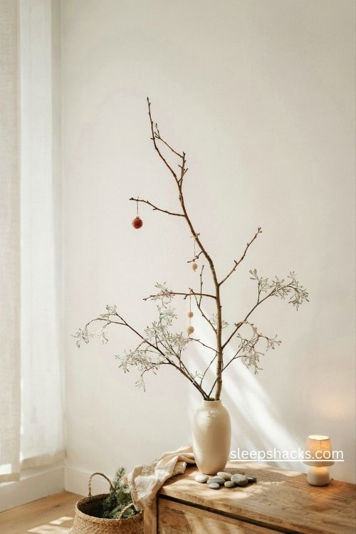 Charlie brown christmas tree made from a foraged bare branch in a tall ceramic vase with minimalist ornaments