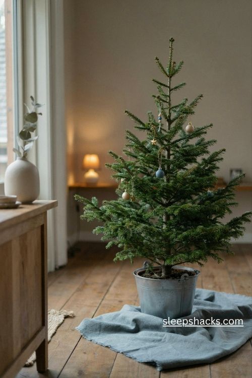 Charlie brown christmas tree with a faded pale blue blanket skirt in a nostalgic farmhouse living room