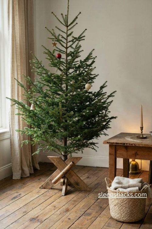 Charlie brown christmas tree with a handmade wooden x stand and rustic farmhouse christmas decor
