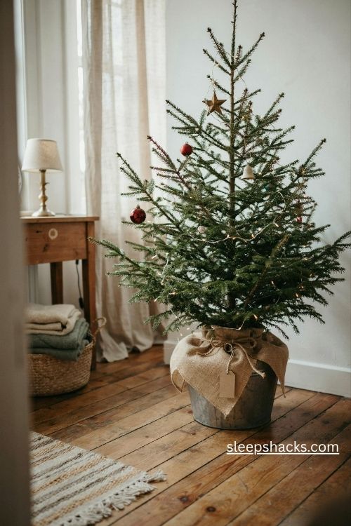 Charlie brown christmas tree with a rustic burlap and jute twine wrapped base in a cozy farmhouse living room