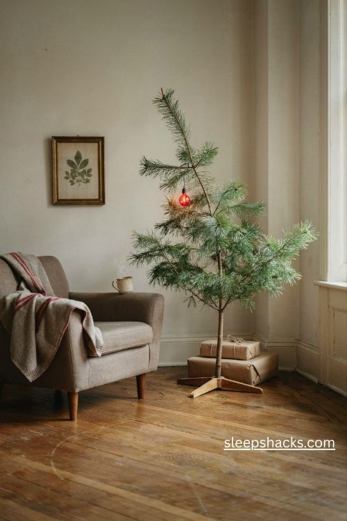 Charlie brown christmas tree with a single red bulb in a cozy vintage living room
