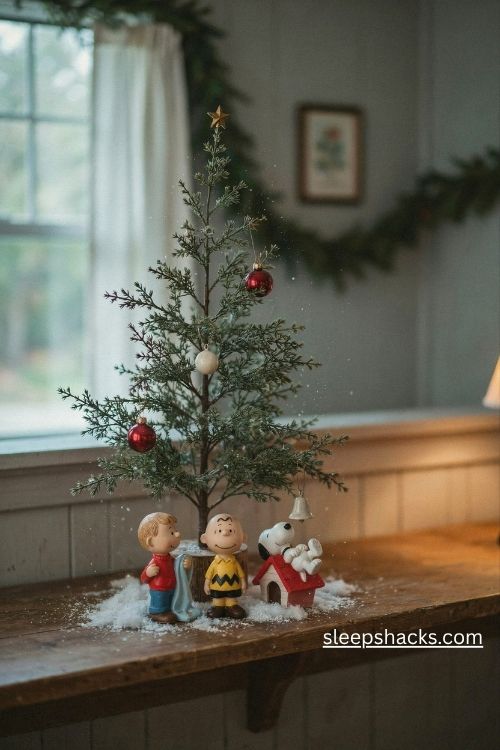 Charlie brown christmas tree with charlie brown linus and snoopy figurines on a rustic farmhouse mantel