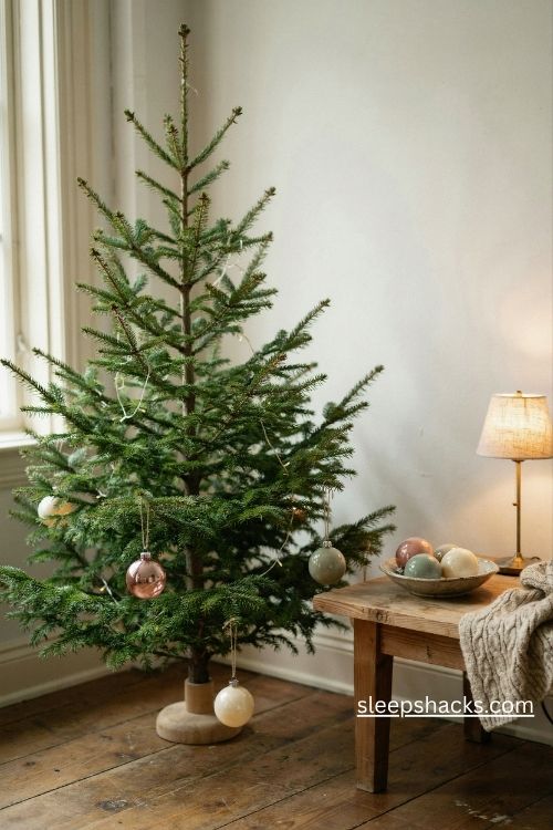 Charlie brown christmas tree with vintage dusty rose sage green and cream glass ornaments