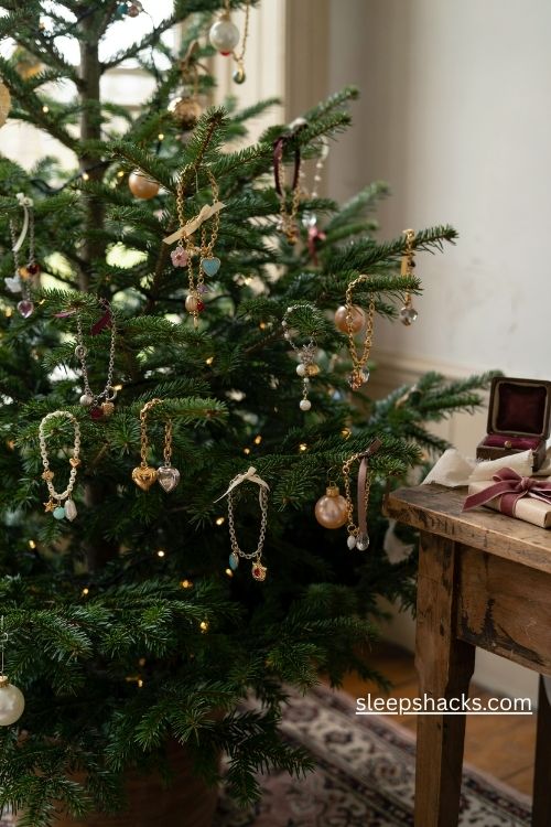 Charm bracelet christmas tree ornaments with vintage gold silver charms and delicate ribbon ties