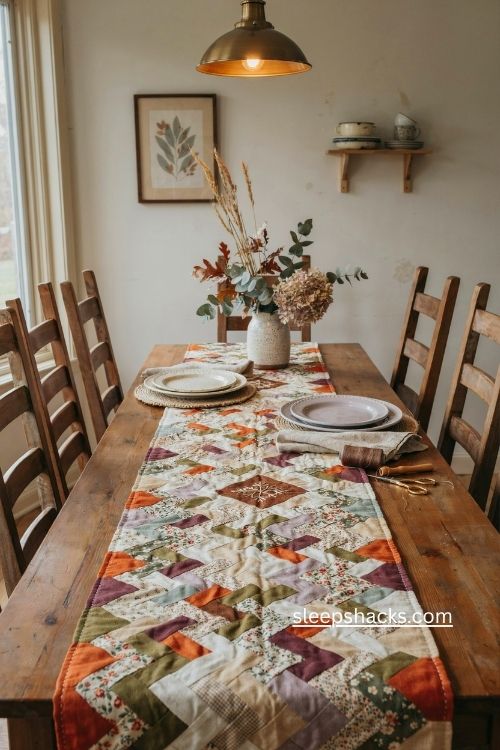 Charm pack zigzag table runner with autumn patchwork and cozy fall dining decor 