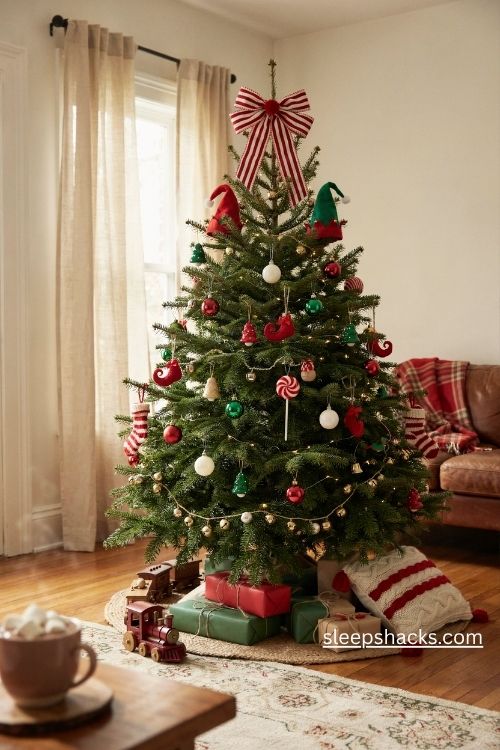 Cheerful elf christmas tree with felt hats tiny shoes candy ornaments and a giant striped bow