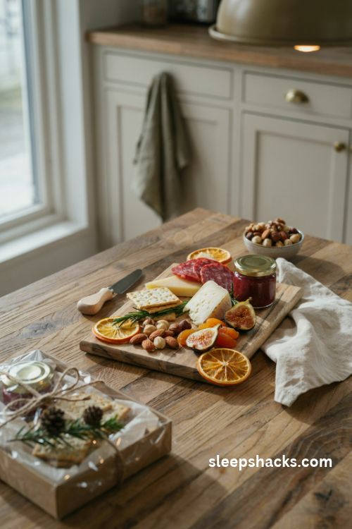 Cheese and charcuterie board Christmas gift kit with aged cheese crackers nuts dried fruit jam wooden serving board and rustic gift wrapping