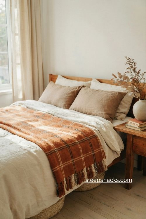 Chenille harvest plaid blanket with tassels on cozy fall bedroom bed