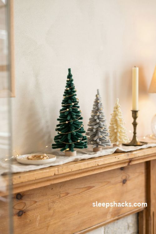 Chenille stem mini christmas trees with gold wire pearl ornaments and cozy vintage mantel decor
