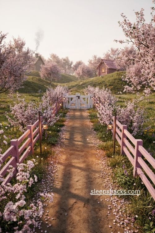 Cherry blossom Minecraft fence ideas with pink wood and lanterns