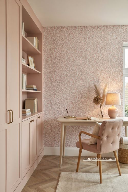Chic blush pink home office with matching wallpaper cabinetry and upholstered chair 