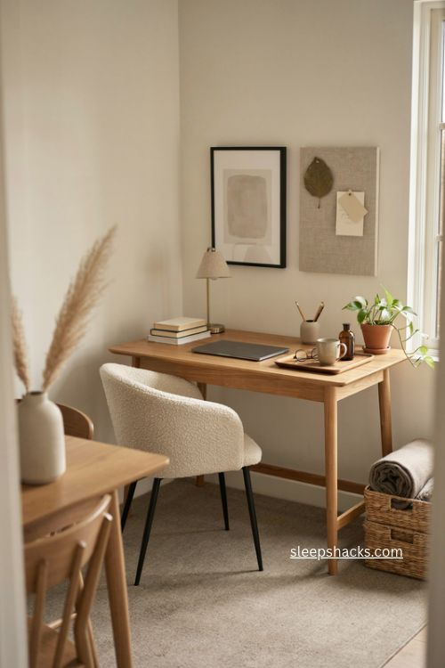 Chic home office decor with a warm neutral palette wooden desk and elegant functional accessories 