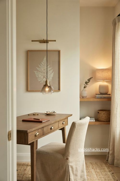 Chic home office lighting with aged brass gallery light pendant and warm desk lamps 