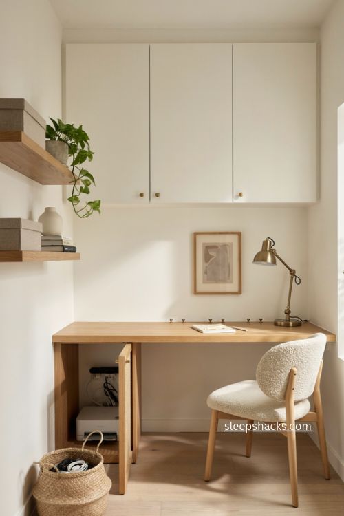 Chic home office with closed cabinets floating wood shelves and hidden cord storage 