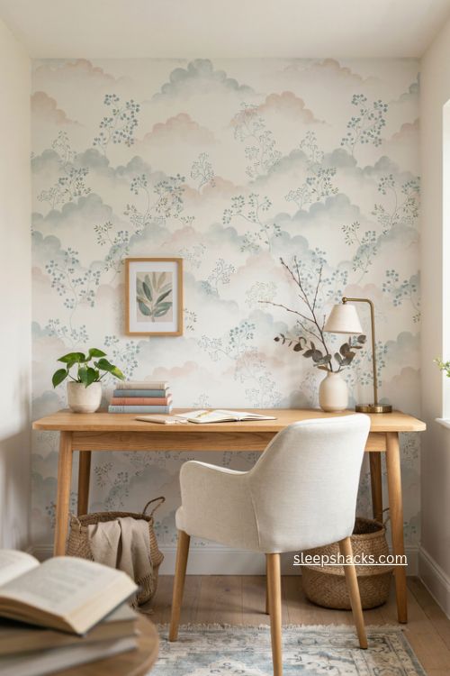 Chic home office with floral statement wallpaper and a simple natural wood desk 