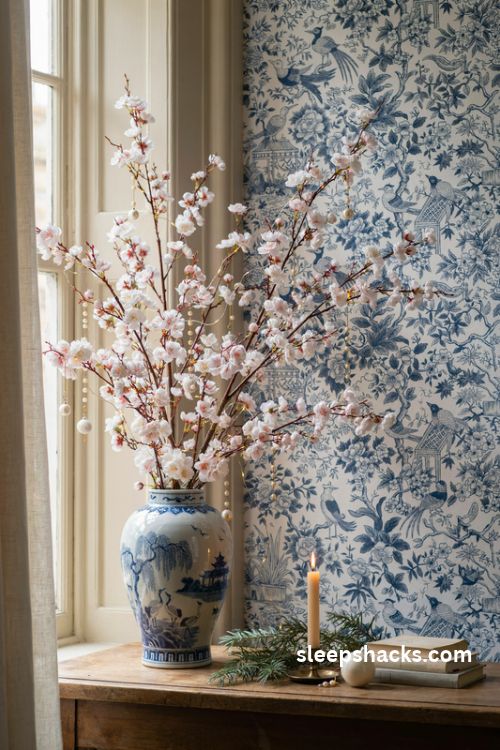 Chinoiserie Christmas cherry blossom branches in a blue and white ginger jar with delicate pink flowers