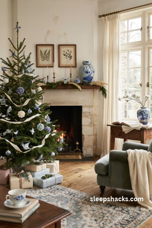 Chinoiserie Christmas decor with blue and white porcelain ginger jars and an elegant ivory Christmas tree