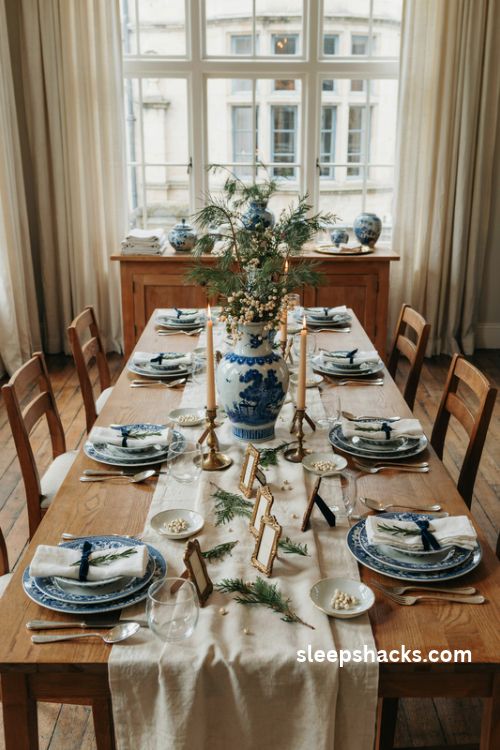 Chinoiserie Christmas dining table with blue and white porcelain plates brass flatware and elegant greenery centerpiece