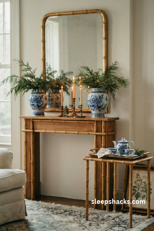 Chinoiserie Christmas living room with faux bamboo mirror aged brass candlesticks and blue white ginger jars
