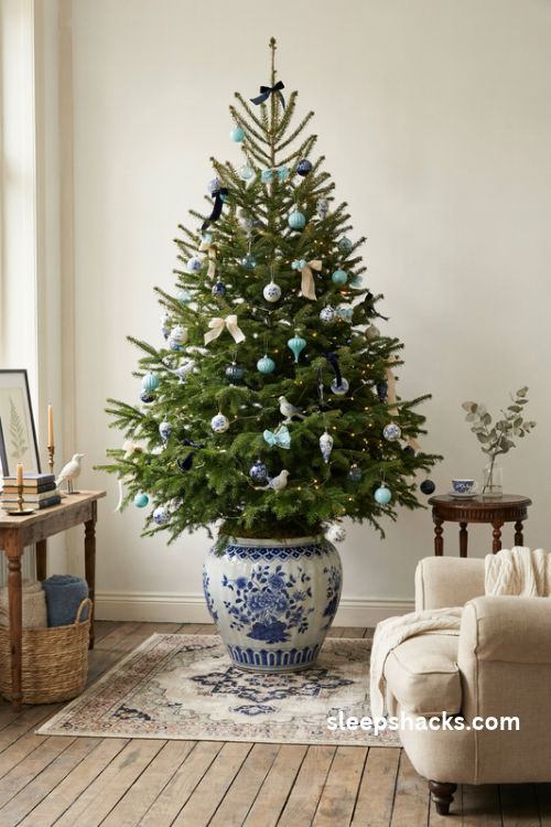 Chinoiserie Christmas tree in a blue and white ginger jar planter with elegant porcelain ornaments