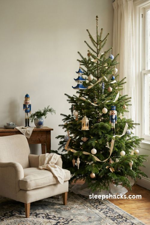 Chinoiserie Christmas tree with blue and white pagoda ornaments nutcrackers and gold lanterns