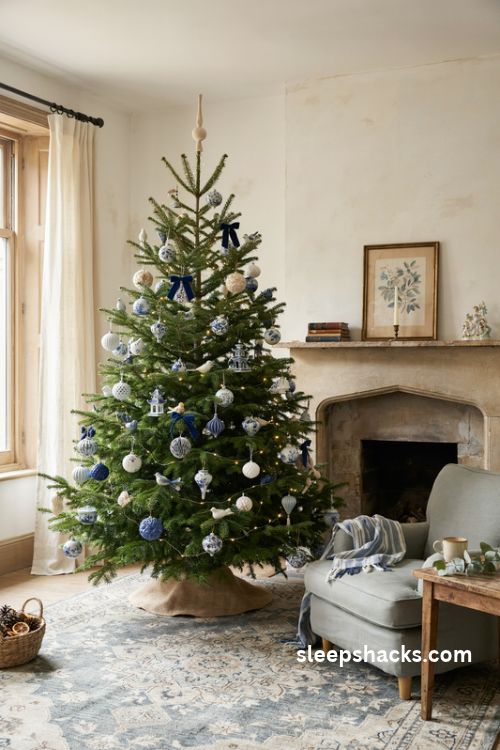 Chinoiserie Christmas tree with blue and white porcelain ornaments in a cozy family living room
