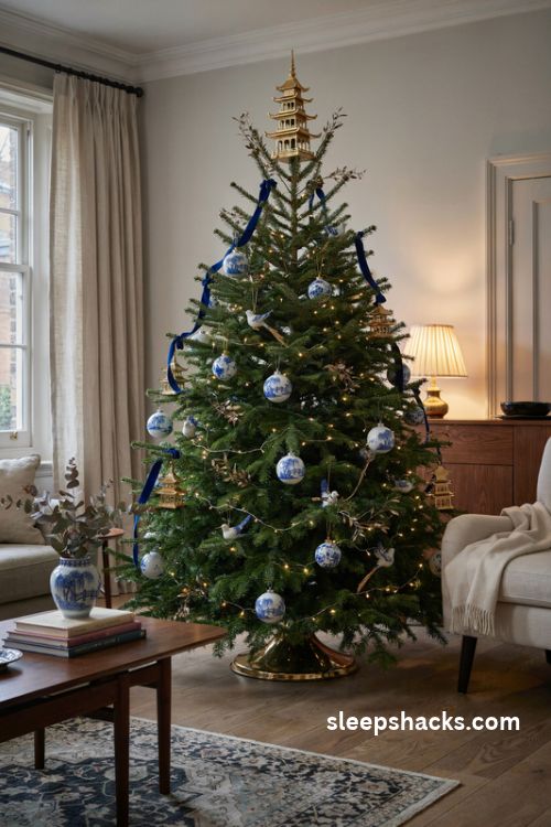 Chinoiserie christmas tree with an oversized gold pagoda topper blue velvet bow and porcelain ornaments