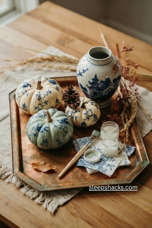 Chinoiserie pumpkins with blue and white ginger jar fall decor