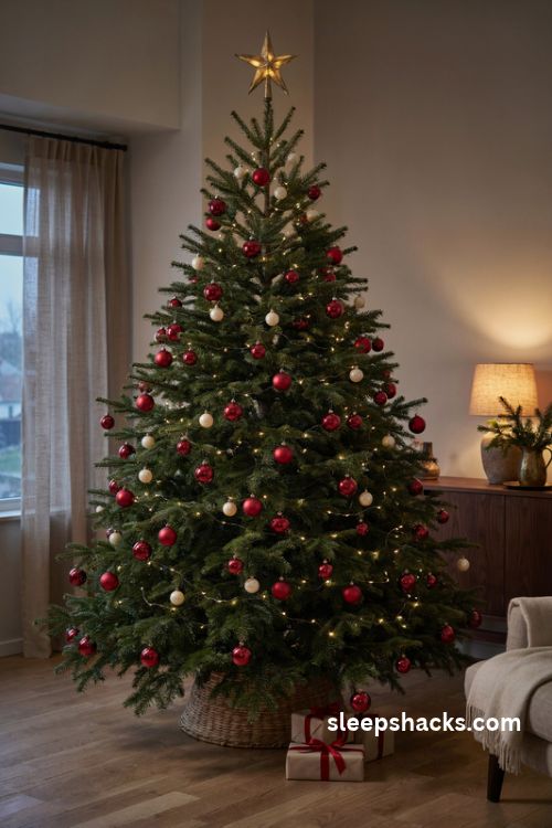 Chocolate brown Christmas tree with glossy red ornaments cream pearl accents and warm white lights