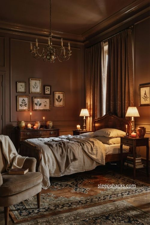Chocolate brown bedroom colour ideas with chandelier cream bedding and brass details