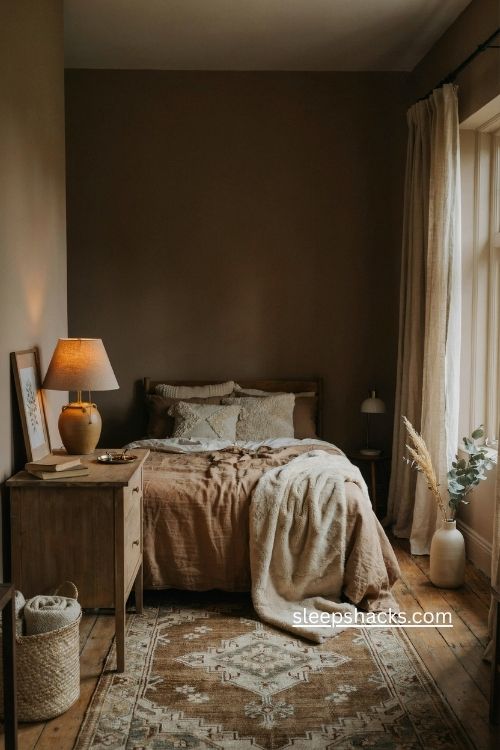 Chocolate brown bedroom ideas with cream bedding faux fur and warm winter decor
